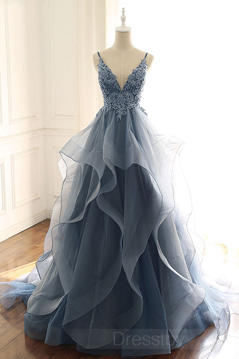 Gray Blue Tulle Lace Long Prom Dress Blue Evening Gown