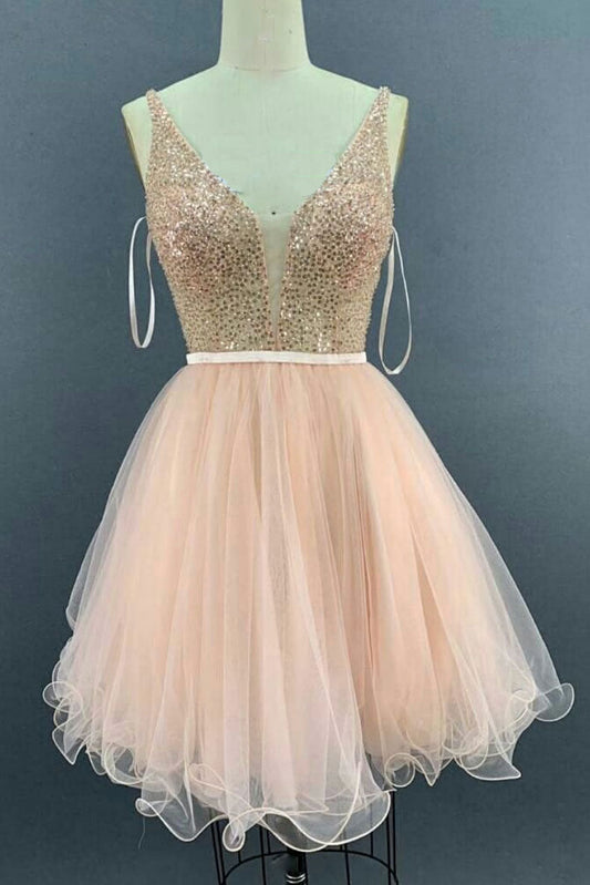 Pink V-Neck Tulle Sequin Short Prom Dress Pink Tulle Homecoming Dress