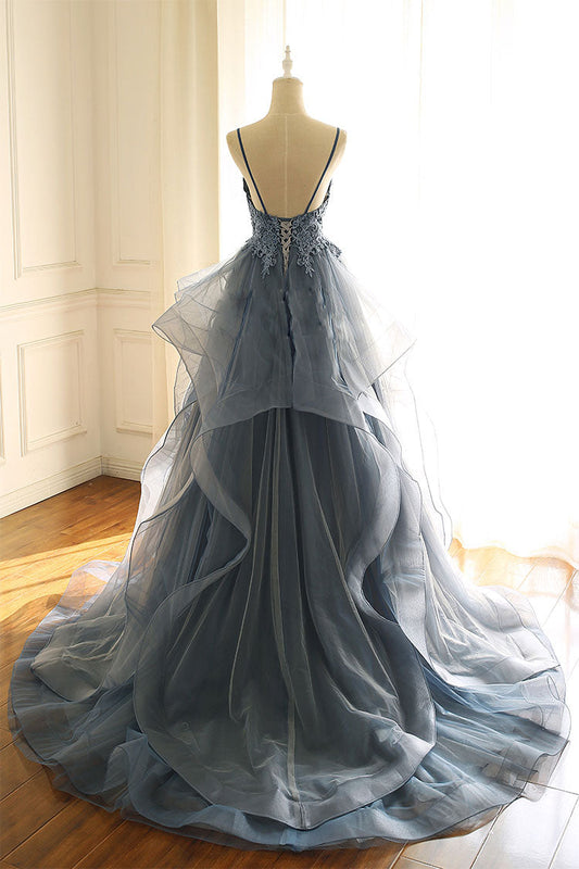 Gray Blue Tulle Lace Long Prom Dress Blue Evening Gown