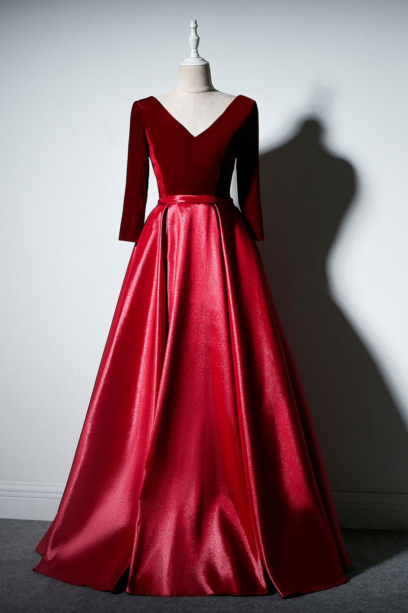 Simple A-Line Long Sleeves Burgundy Long Prom Dress Burgundy Evening Gown