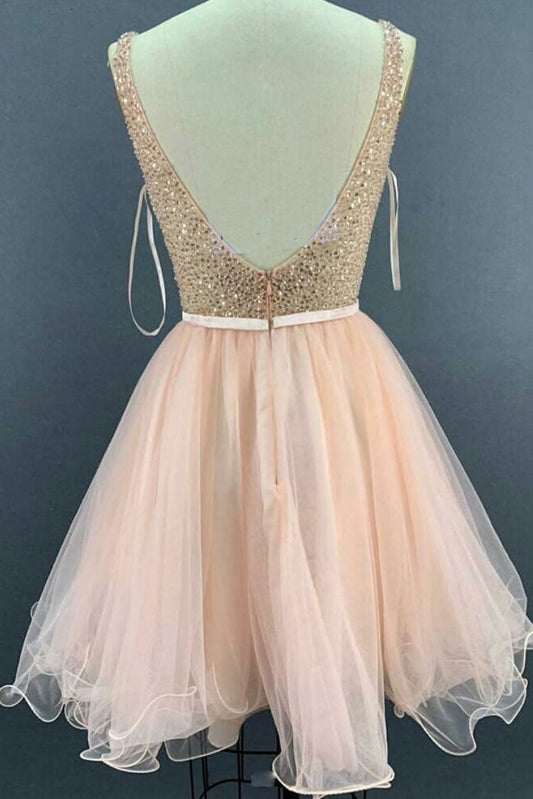 Pink V-Neck Tulle Sequin Short Prom Dress Pink Tulle Homecoming Dress