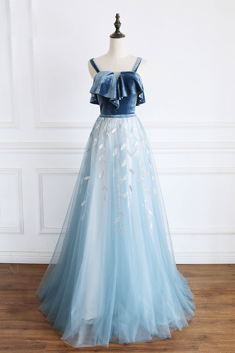 Blue Tulle Lace Long Prom Dress Blue Lace Formal Gown