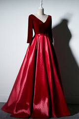 Simple A-Line Long Sleeves Burgundy Long Prom Dress Burgundy Evening Gown