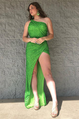 One Shoulder Green Long Prom Dress with Slit