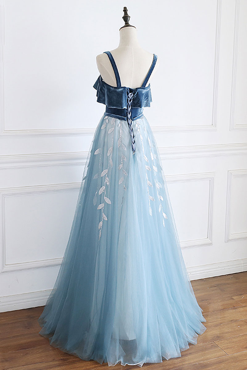 Blue Tulle Lace Long Prom Dress Blue Lace Formal Gown