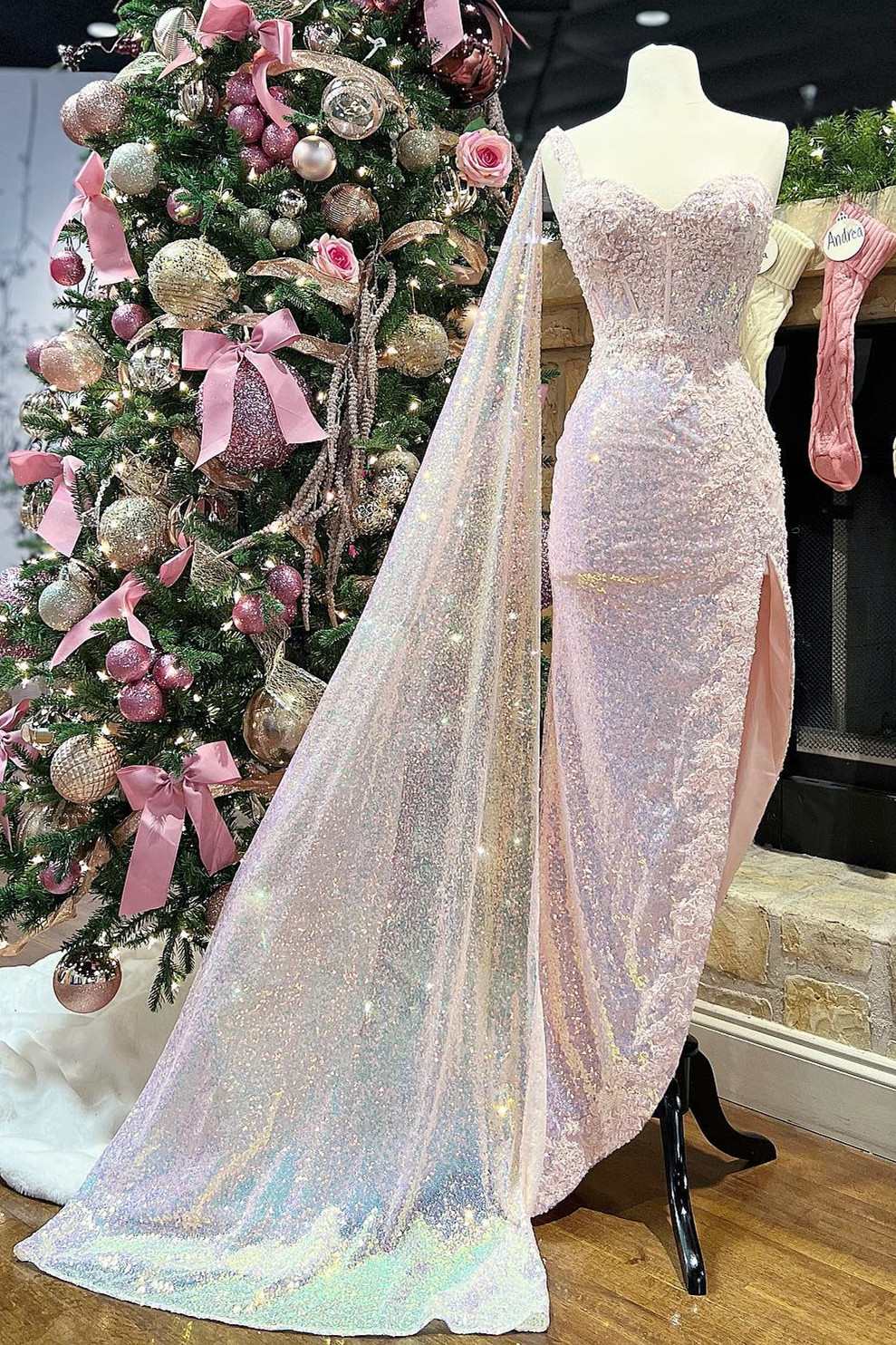 Girly Pink Sequin Lace Chic Sweetheart Collar High-Low Elegant Prom Dress with Attached Train