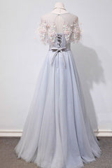 Gray Tulle Lace Long Prom Dress Gray Lace Evening Dress