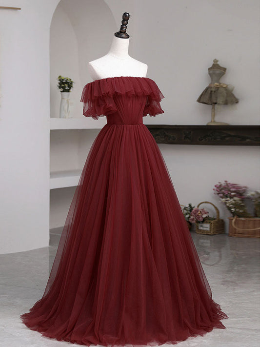 Simple A-Line Burgundy Tulle Long Prom Dress Burgundy Tulle Formal Gown