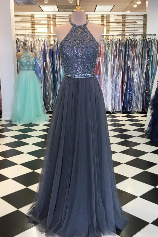 Gray Tulle Beaded Long Prom Dress Gray Tulle Evening Dress