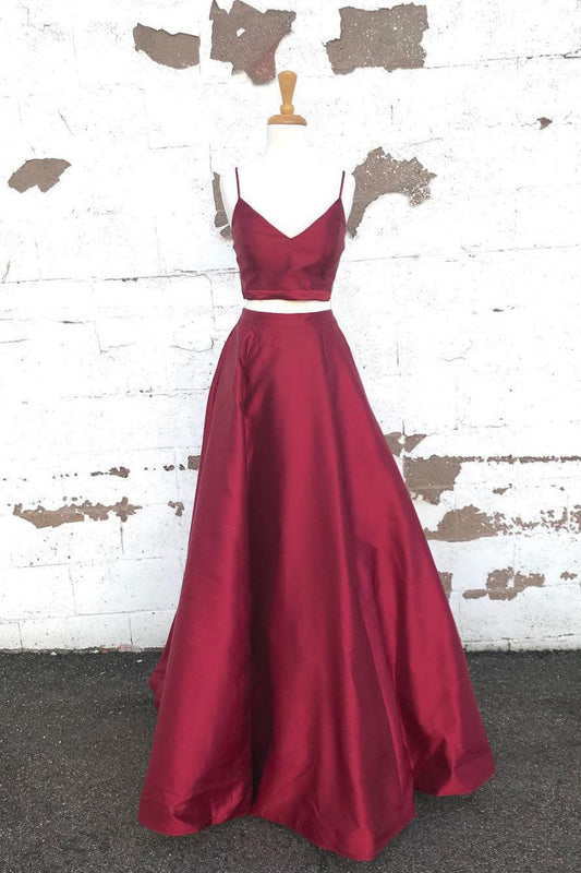 Simple Two-Pieces Satin Long Prom Dress Burgundy Evening Dress