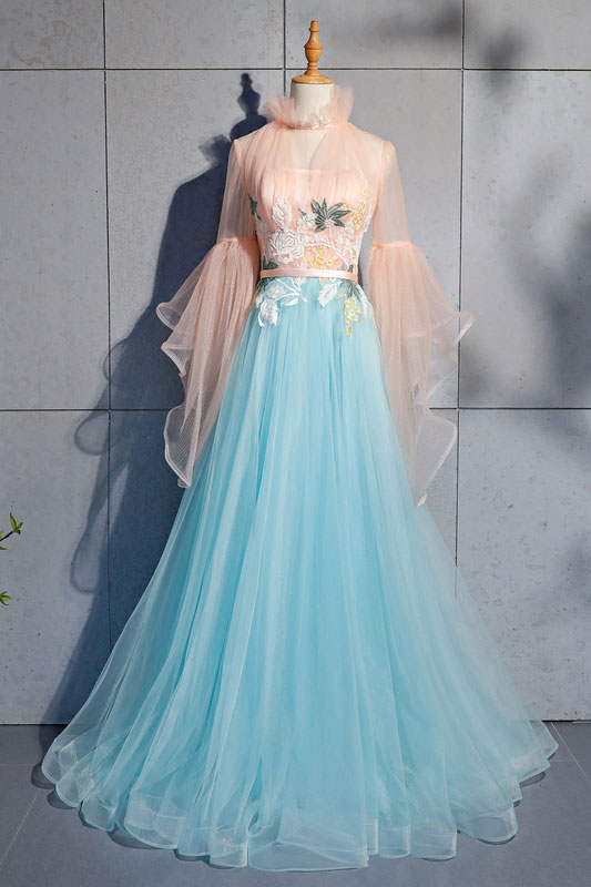 Blue Tulle Lace Long Prom Dress Blue Tulle Evening Dress