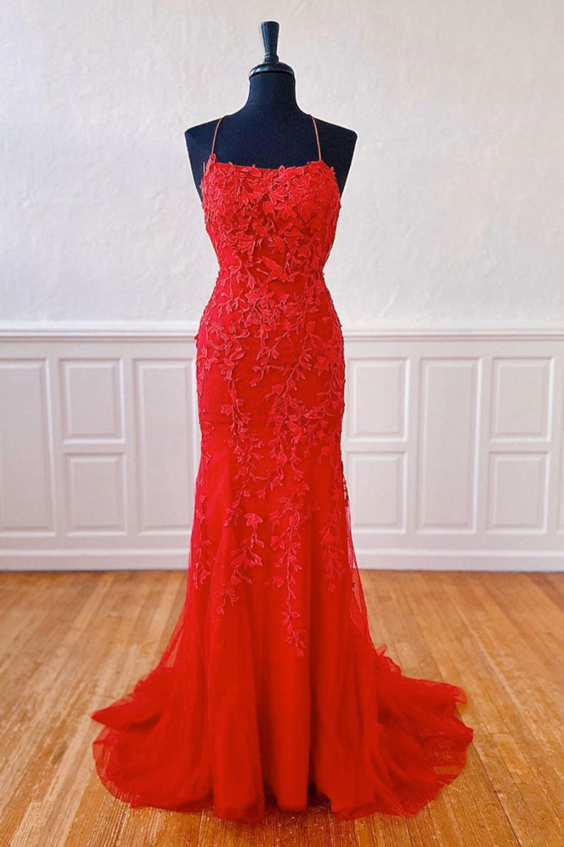 Red Lace Mermaid Long Prom Dress Lace Mermaid Evening Gown