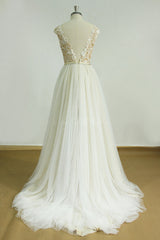 White A-Line Round Neck Lace Long Prom Dress Lace Wedding Dress