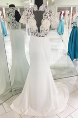 Unique White Satin Lace Applique Long Prom Dress White Evening Dress