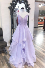 Purple V-Neck Tulle Lace Long Prom Dress Purple Evening Dress