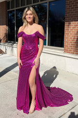 Royal Blue Off Shoulder Mermaid Prom Dress with Slit