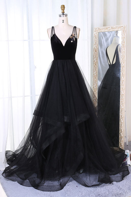 Simple Black Tulle V-Neck Long Prom Dress Black Evening Gown