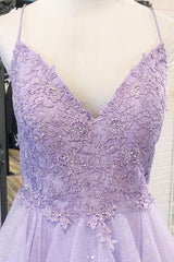 Purple V-Neck Tulle Lace Long Prom Dress Purple Evening Dress