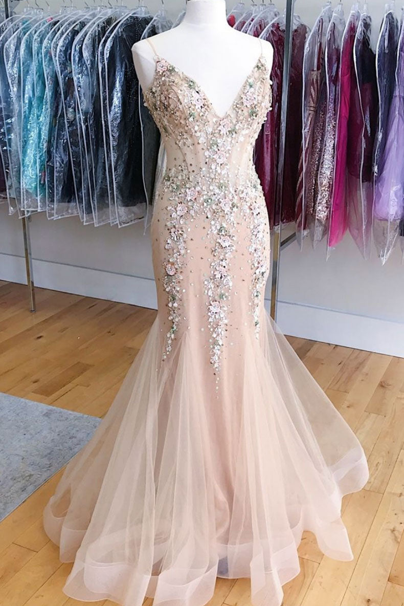 Champagne V-Neck Tulle Beaded Mermaid Long Prom Dress Formal Dress