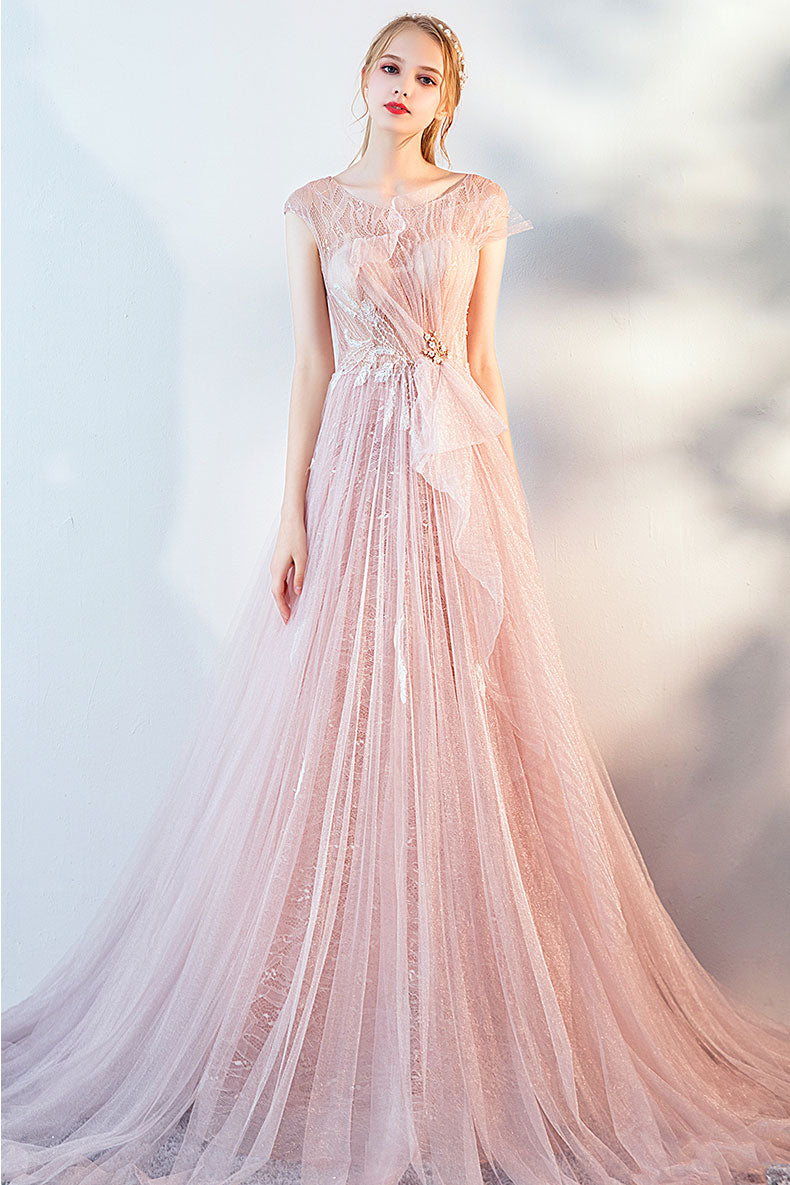 Pink Tulle Lace Long Prom Dress Pink Evening Dress