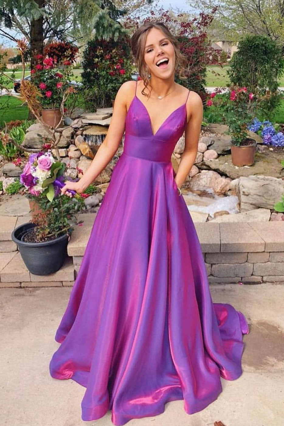 Simple Purple Red Satin Long Prom Dress Purple Evening Dress