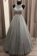 Gray Round Neck Tulle Sequin Long Prom Dress Gray Evening Dress