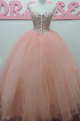 Pink Sweetheart Tulle Beads Long Prom Dress Tulle Formal Gown