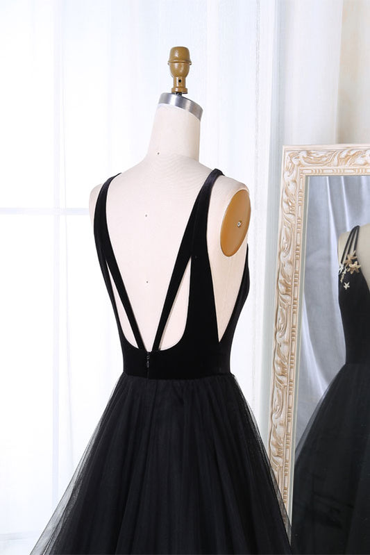 Simple Black Tulle V-Neck Long Prom Dress Black Evening Gown