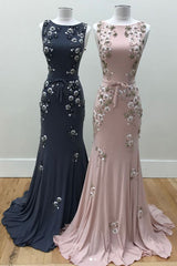 Elegant Round Neck Mermaid Long Prom Dress Pink Evening Dress