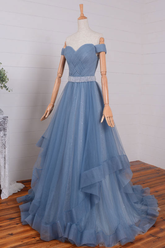 Blue Tulle Off-Shoulder Long Prom Dress Blue Evening Gown