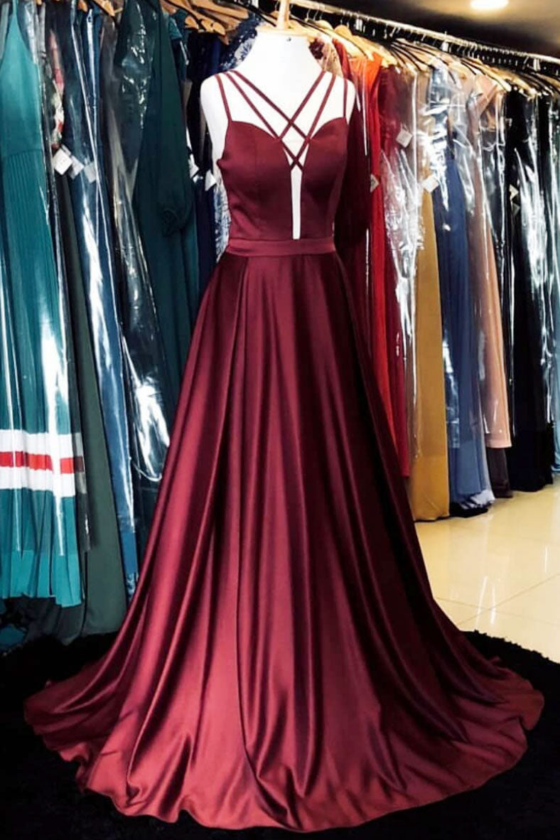 Simple Burgundy Satin Long Prom Dress Burgundy Evening Dress