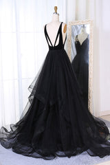 Simple Black Tulle V-Neck Long Prom Dress Black Evening Gown