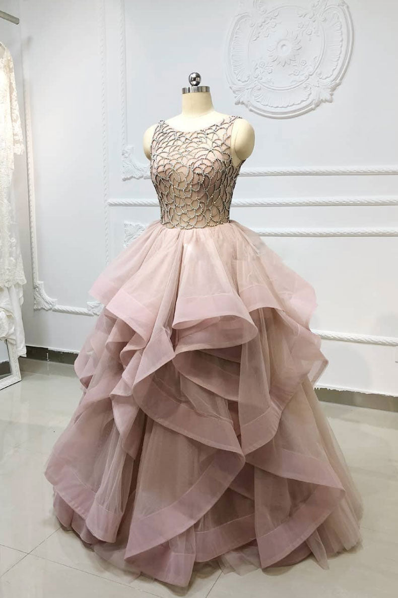 Unique Round Neck Beads Tulle Long Prom Dress Evening Dress