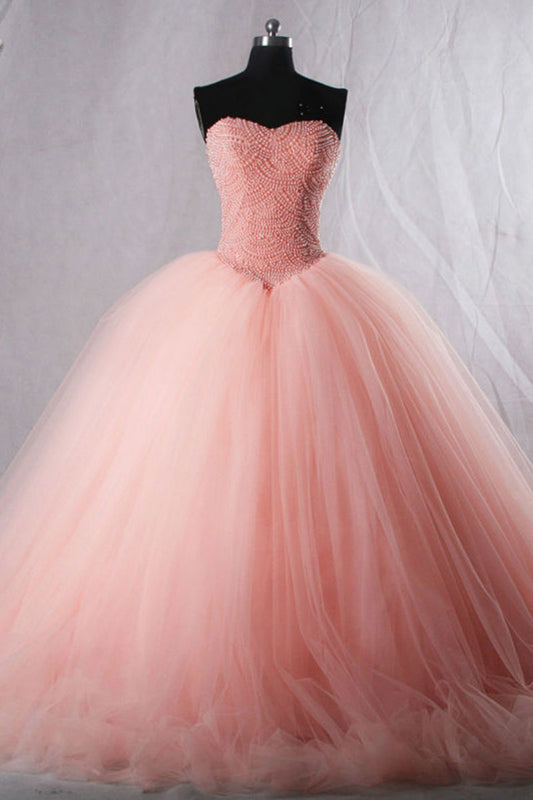 Pink Sweetheart Neck Tulle Beaded Long Prom Dress Pink Evening Dress