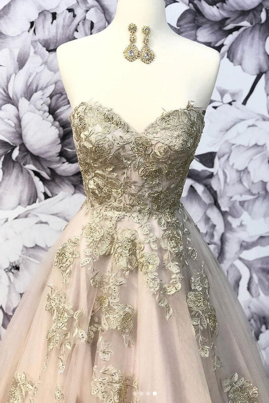 Champagne Sweetheart Tulle Lace Long Prom Dress Tulle Lace Evening Dress