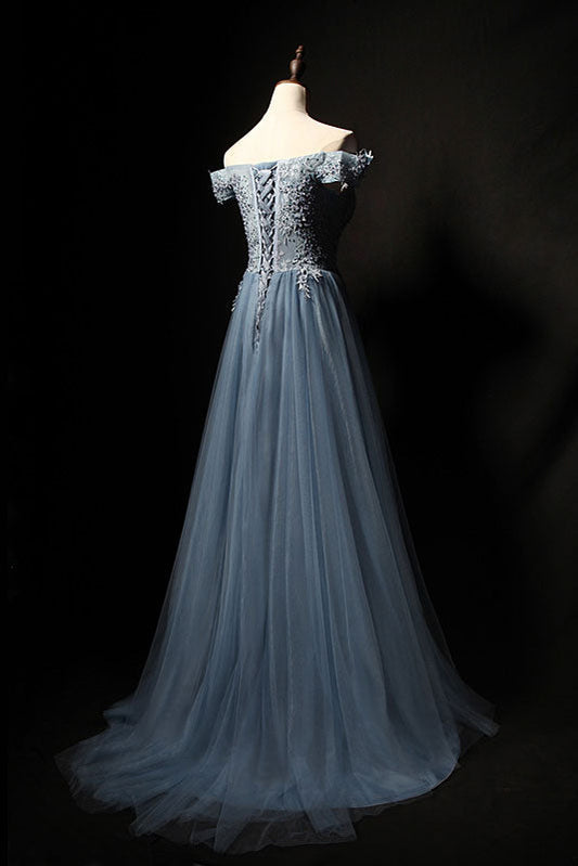 Blue Tulle Lace Long Prom Dress Blue Tulle Formal Dress