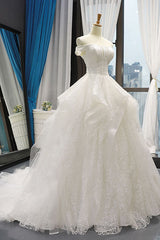 White Tulle Lace Off-Shoulder Long Prom Dress White Lace Wedding Dress