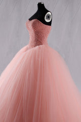 Pink Sweetheart Neck Tulle Beaded Long Prom Dress Pink Evening Dress