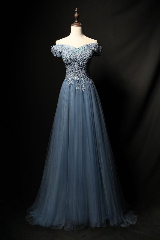 Blue Tulle Lace Long Prom Dress Blue Tulle Formal Dress