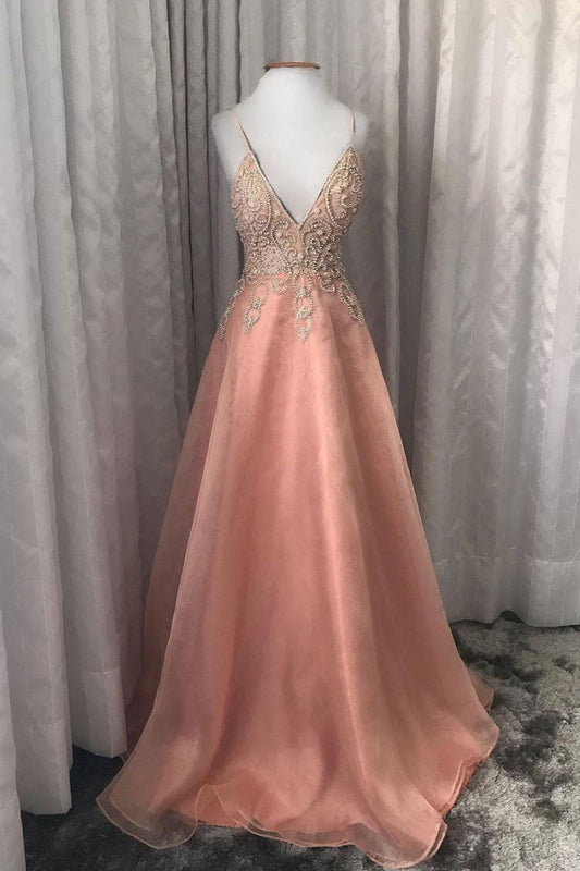 Unique V-Neck Tulle Beaded Long Prom Dress Tulle Evening Gown