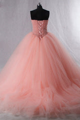 Pink Sweetheart Neck Tulle Beaded Long Prom Dress Pink Evening Dress