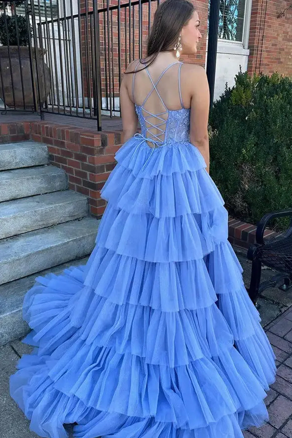 Blue A-Line Corset Long Tulle Tiered Prom Dress with Lace