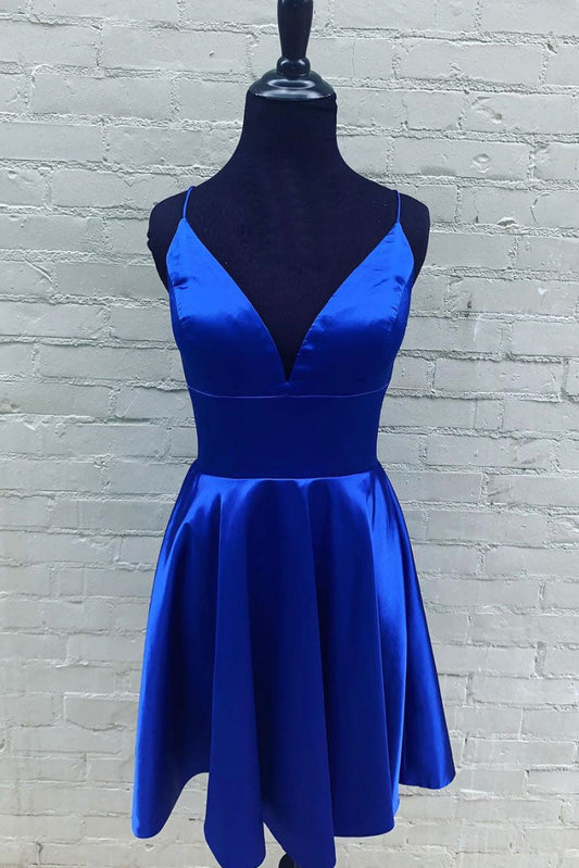 Blue V-Neck Satin Short Prom Dress Blue Homecoming Dress