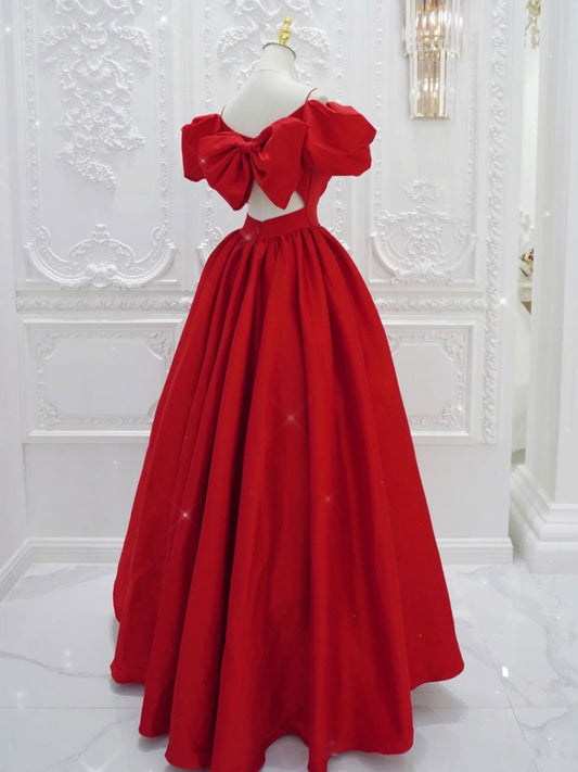 Red V-Neck Satin Long Prom Dress Red Evening Dress