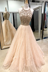 Champagne Tulle Sequin Beads Long Prom Dress Champagne Tulle Evening Dress