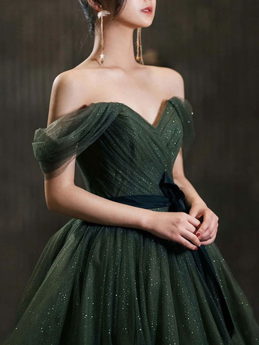 Simple Green A-Line Tulle Off-Shoulder Long Prom Dress Green Evening Dress