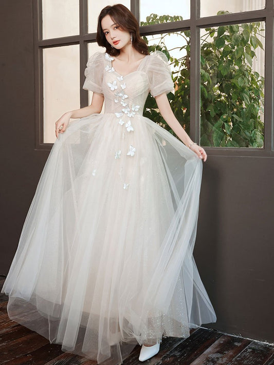 Light Champagne Tulle Lace Long Prom Dress Lace Evening Gown