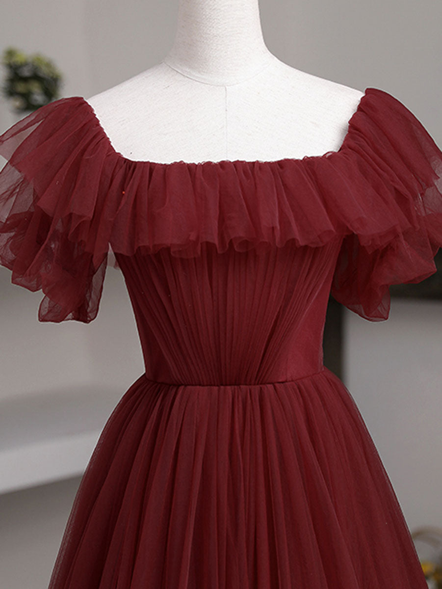 Simple A-Line Burgundy Tulle Long Prom Dress Burgundy Tulle Formal Gown