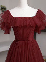 Simple A-Line Burgundy Tulle Long Prom Dress Burgundy Tulle Formal Gown