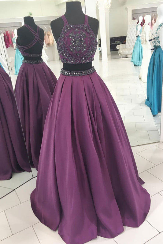 Unique Two-Piece Beaded Long Prom Dress Evening Dress